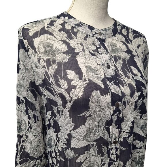 Liz Claiborne Sheer Top Button Down Blue Floral Long Sleeve Medium Blouse - Picture 11 of 13